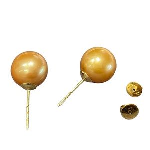 Authentic Golden South Sea Pearl Stud Earrings 11mm Pearl 14k Gold Setting